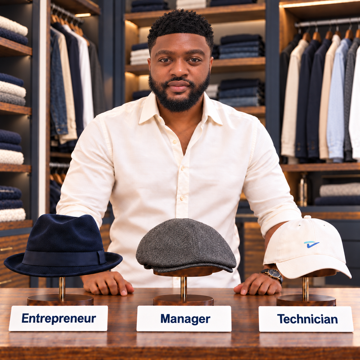 Tai, wearing a cream shirt, stands in a wardrobe behind three hats labeled Entrepreneur, Manager and Technician. The white Technician cap carries a small Trust Tai mark.